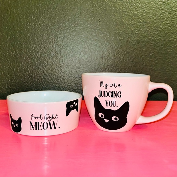 ***SOLD***  “My Cat is Judging You” Pink Cat Bowl & Mug Set - Picture 2 of 11